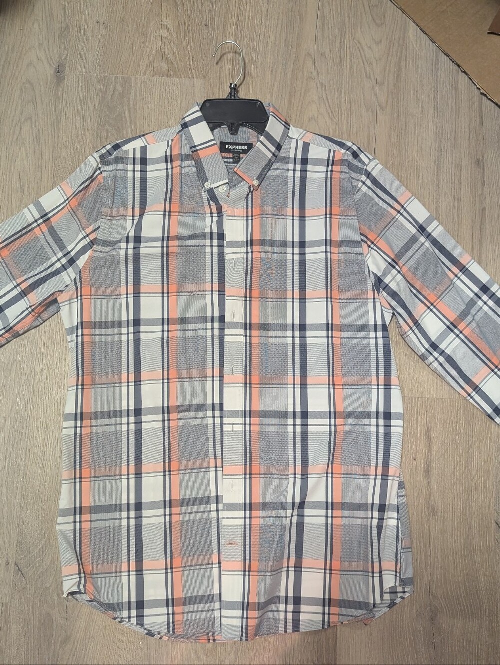 Express Men’s Plaid Button-Down Shirt - White, Gray & Coral